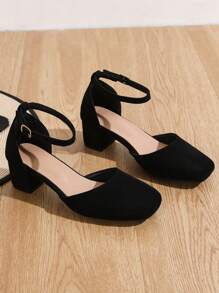 Wide Fit Women's Summer New Simple Style Chunky Heel Hollow Out Square Toe Plus Size Pumps - Black - View 2