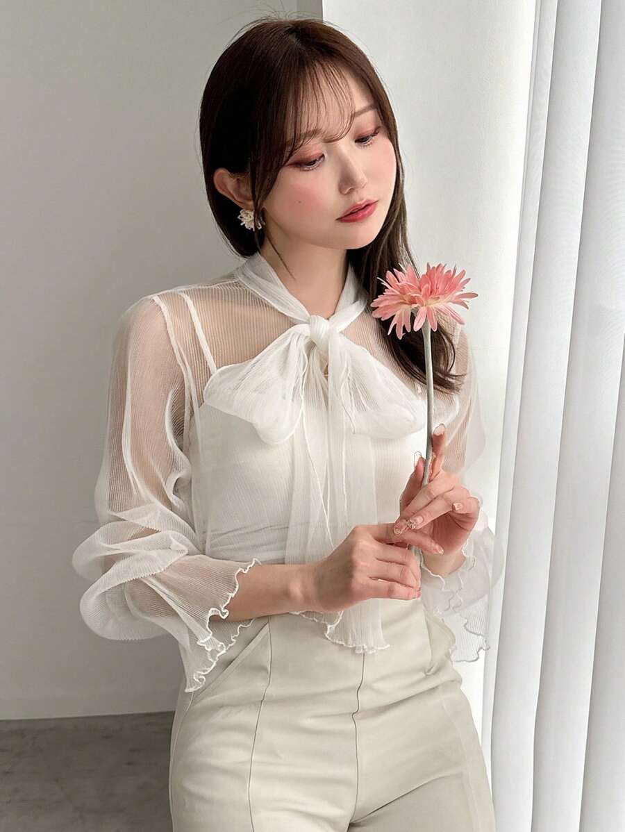 FRIFUL 女式纯色系带透明网眼喇叭袖优雅衬衫，春夏季，荷叶边长袖上衣