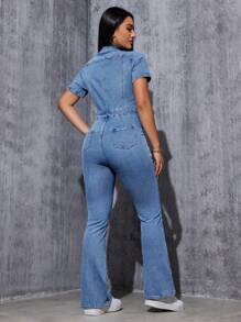 SHEIN EZwear Women's Fashionable Short Sleeve Denim Jumpsuit - Medium Wash - View 3