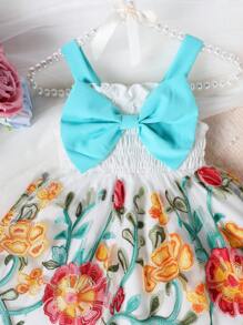 Vestido para bebé niña con bordado de malla, moño y tirantes, ideal para verano y muy bonito - Rosa - Ver 4