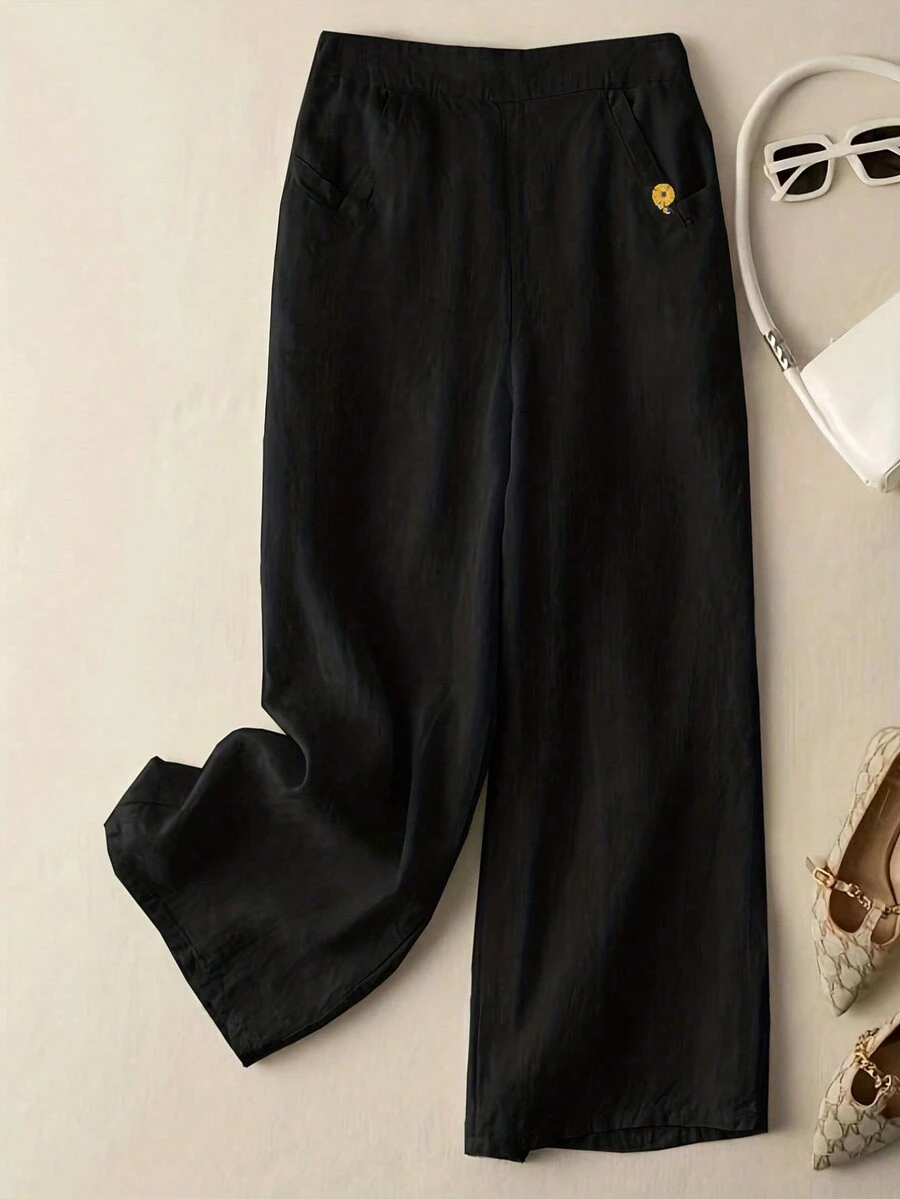 印花斜口袋闊腿褲 - 黑色 - 查看 1