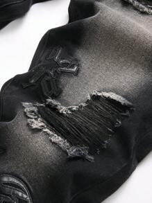 Men's Fashionable Slim Fit Jeans With Letter Embroidery, Distressed And Patched Design - Black - View 3