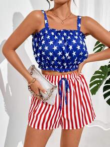 SHEIN Essnce Bộ đồ hai mảnh in hình ngôi sao cờ Hoa Kỳ mùa hè dành cho nữ và quần short nơ sọc hoàn hảo cho Ngày Độc lập 4 tháng 7 - Nhiều màu - Xem 2