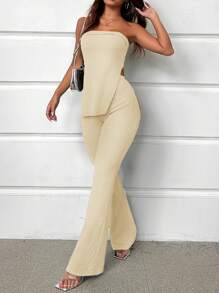 SHEIN SXY Women's Solid Color Halter Top With Side Slit And Flared Pants Holiday Leisure Two-Piece Set - Apricot - View 6