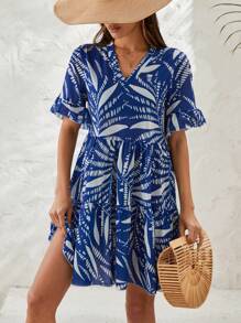 EURMUSE Rochie de vară cu imprimeu peste tot, cu mâneci cu volane - Albastru - Vizualizare 3