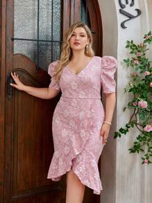 SHEIN Belle Dạ Nỉ Dệt Tay Phồng Xẻ Vắt Đuôi Cá Viền Plus Kích Thước Cocktail Dạ Hội - Hồng - Xem 3