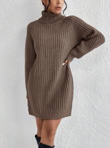EURMUSE Women's Solid Color High Neck Raglan Sleeve Loose Casual Knit Sweater Dress, Autumn/Winter - Brown - View 3