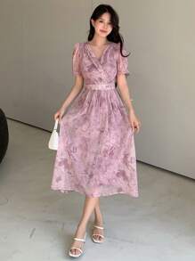 DAZY Đầm suông tay ngắn họa tiết hoa cho nữ - Màu tím hoa cà - Xem 5