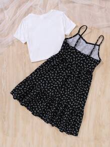 Emery Rose Kids Emery Rose Kids 青少女休閒針織短袖上衣和花朵背心裙套裝，適用於外出、春夏季 - 黑與白 - 查看 3