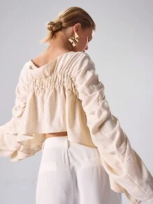 MUSERA Woven Ruched Drape Sleeve Top Vacation Vacation Elegant Holiday Graduation Wedding Guest   Winter  Party Elegant Valentines Day Spring - Apricot - View 2