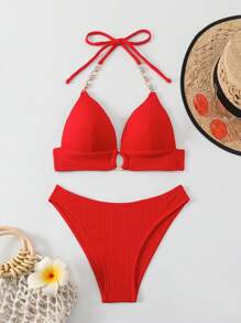 SHEIN Swim 1 件简约纯色比基尼夏季 - 紅色 - 查看 6