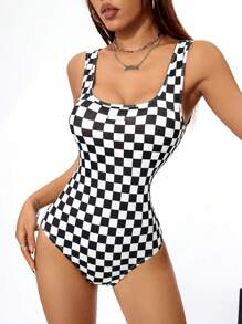 SHEIN Coolane Mujeres body de punto elástico con patrón de tablero de ajedrez - Blanco y Negro - Ver 3