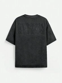 Manfinity VCAY Men's Snowwash Printed Loose Knit Short Sleeve T-Shirt With English Letter Pattern, Summer