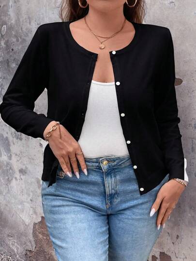 EMERY ROSE Plus Size Simple Solid Color Single Breasted Long Sleeve Cardigan, For Winter Fall Cloth For Women Autumn