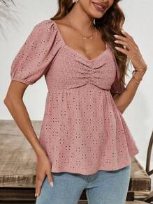 SHEIN Clasi Women's Summer Puff Sleeve Texture T-Shirt - Pink - View 6