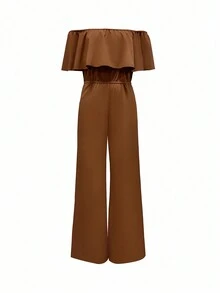 Women's Summer Casual Solid Color Ruffle Off-Shoulder Wide Leg Jumpsuit, Elegant Boho - Brown - View 3