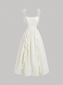 SHEIN MOD Đầm hoa mai cổ chữ U viền bèo và thiết kế hở lưng, làm bằng vải voan, dành cho nữ vào mùa hè - Màu be - Xem 1