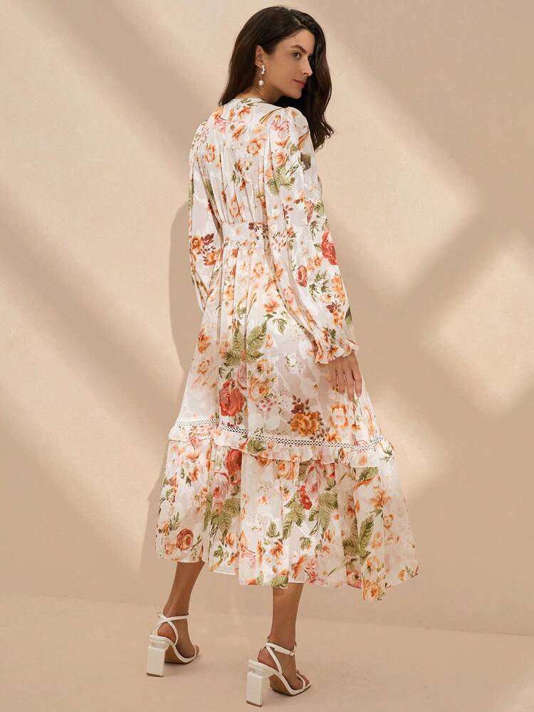 フルプリント ワンピース ディープvネック フロントタイ