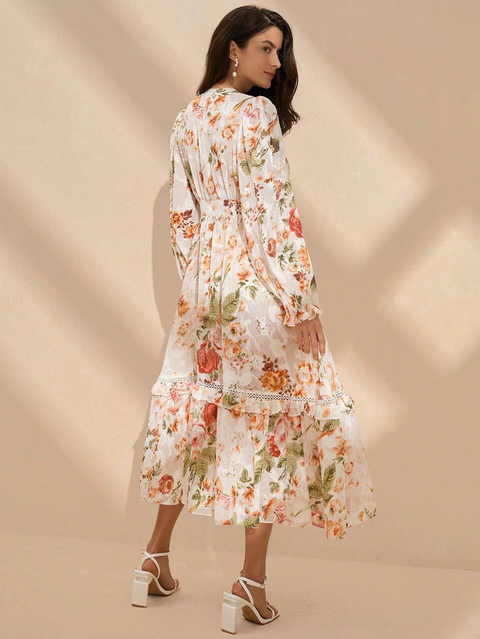 Women's Full Printed Deep V Neck Front Tie Long Sleeve Dress