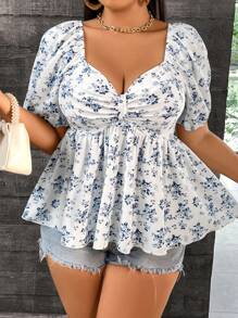 Celure 大码女式夏季度假花卉印花甜心领口露肩短袖衬衫搭配荷叶边下摆荷叶边上衣 - 藍白色 - 查看 1