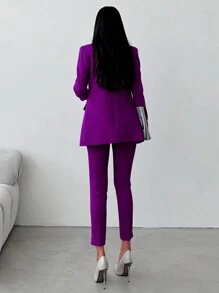 EURMUSE Double Breasted Blazer & Belted Pants - Purple - View 2