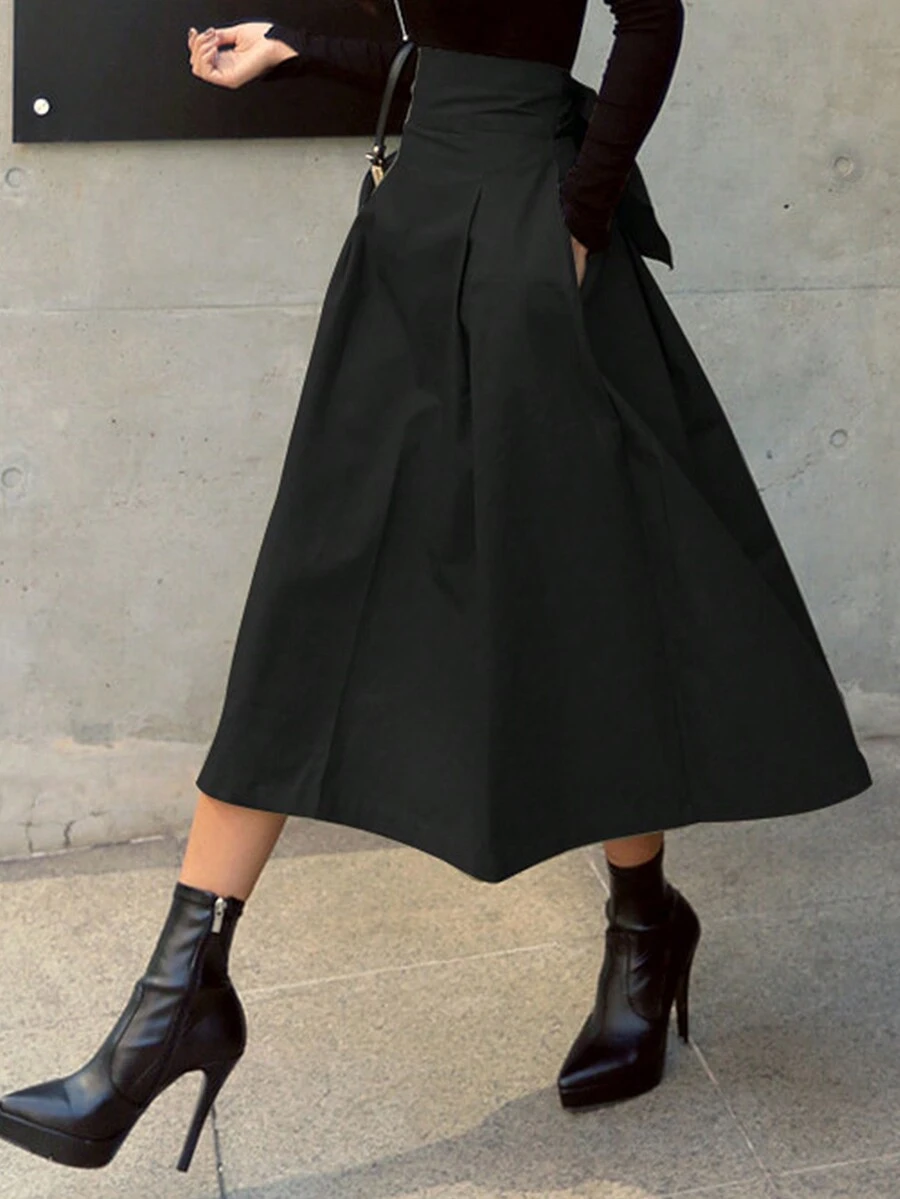 Europe And The United States Elegance Rave Outfitsfesival New A-Line Skirt Vacation Outfits Woman Umbrella Skirt Bow Day Big Swing Skirt Slim Waist Long Skirt Four Seasons Fashion With All Solid Color Women Half Skirt - 黑色 - 查看 1