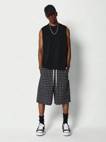 SUMWON Loose Fit Baggy Checked Cargo Short - Black and White - View 3