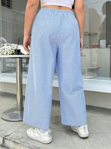 SHEIN EZwear 女性大碼寬鬆款式藍白直條紋長褲，夏季 - 藍色 - 查看 2