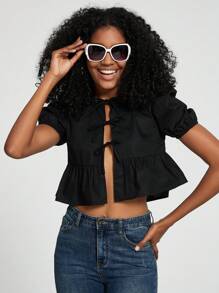 女士休闲纯色圆领蝴蝶结荷叶边短袖衬衫 - 黑色 - 查看 3