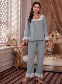 PalaceNights Floral Embroidery Ruffle Trim Flounce Sleeve Top & Trousers PJ Set - Mint Green - View 6