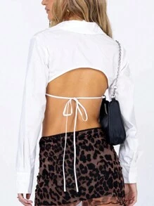 SHEIN ICON Women's Summer Fashion Solid Color Long Sleeve Lace Up Backless Cropped Top