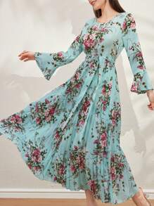 Modelyn Floral Print Ruffle Sleeves Summer Pleated Dress Maxi Women Outfit Long Evening Dresses Fall Cloth For Women - Blue - View 5