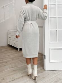 RueChic Solid Color Long Sleeve Turtleneck Twisted Belted Maxi Woolen Knit Dress - Apricot - View 2