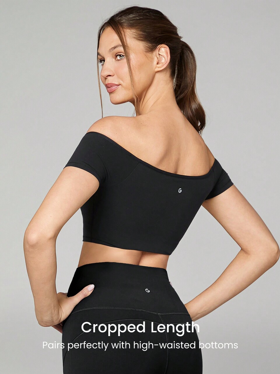 FeatherFit™ Off-Shoulder Cropped Tee Light Support Yoga Pilates Studio Gym Daily