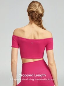GLOWMODE FeatherFit™離肩短款T恤，輕度支撐瑜伽工作室健身日常運動 - 熱帶粉紅色 - 查看 2