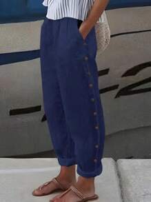 EMERY ROSE Women's Casual Daily Button Design Long Pants - Navy Blue - View 1