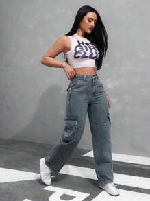 SHEIN EZwear 女款休閒鬆身牛仔褲，附帶口袋 - 深色水洗藍 - 查看 4