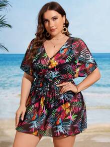 Swim Lushoire Damen Große Größen Fashion V-Ausschnitt bedrucktes Strand Cover-Up Shirt für Sommerurlaub - Verschiedenfarbig - Übersicht 4