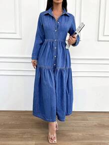 EURMUSE Women'S Shirt  Denim Dress With Ruffle Hem - Medium Wash - View 5