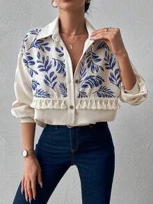 EURMUSE 100%Cotton Open Placket Blouse With Tassels And Tribe Print - Beige - View 4