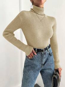 SHEIN Cottnline Turtleneck Ribbed Knit Sweater - Apricot - View 3