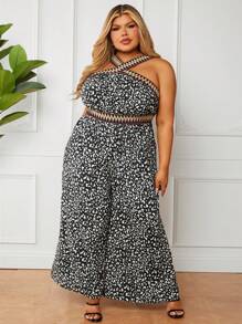 SHEIN CURVE+ Plus Size Leopard Print Splice Woven Tape Beach Jumpsuit With V Neckline And Cinched Waist - Black - View 1