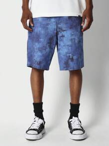 SUMWON Loose Fit Denim Short With All Over Pixel Print - Blue - View 2