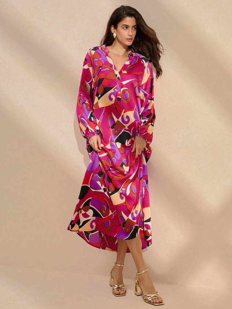 Women's Summer Casual Long Printed Lantern Sleeve Dress With V-Neckline