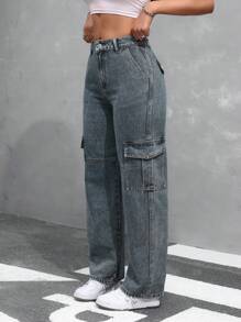 SHEIN EZwear 女款休閒鬆身牛仔褲，附帶口袋 - 深色水洗藍 - 查看 6