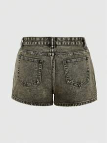 ROMWE Grunge Punk Quần short denim thêu hình ngôi sao thường ngày mùa hè cỡ lớn, đi học - Xám - Xem 2