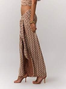 MUSERA 纹理条纹系带侧边长裙 波西米亚风 夏季可爱派对度假 - 棕色 - 查看 4