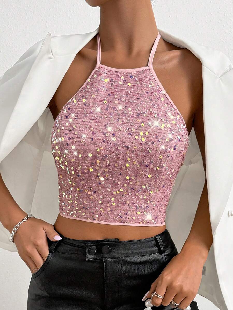 Allurite Women's Glitter Backless Top With Back Ties, Perfect For Music Festivals In Summer For Holiday Party Clothes
