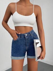 RueChic 女款休閒寬鬆牛仔短褲，有褶邊和口袋設計 - 中等水洗藍 - 查看 4
