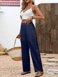 EMERY ROSE Women's Casual Daily Button Design Long Pants - Navy Blue - View 5